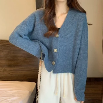 Весеннее утолщенное пальто 2022, Новый топ в корейском стиле, вязаный кардиган с V-образным вырезом в стиле Idle, женский свободный укороченный свитер, Женский