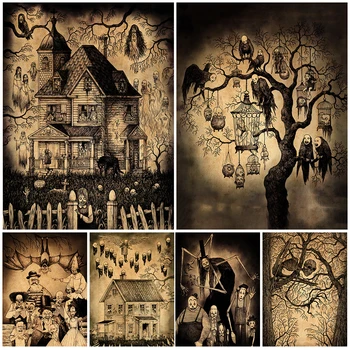 Жуткий дом с привидениями и кошмарная винтажная настенная живопись на холсте 
