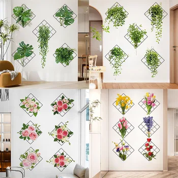 3D виниловые наклейки на стену в стиле бонсай, Тропическое зеленое растение, Роза, тюльпан, Обои, Современная плитка, настенная роспись, домашний декор