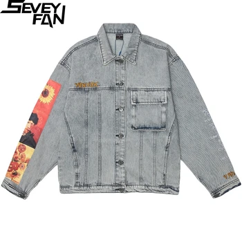 Мужская мода SEVEYFAN, джинсовая куртка с принтом персонажей, джинсовое пальто с вышивкой буквами Harajuku, уличная одежда для мужчин