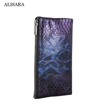 Мужской тонкий длинный кошелек Alisara Simple из овчины первого слоя, женский повседневный клатч на молнии, роскошный кошелек для мобильного телефона