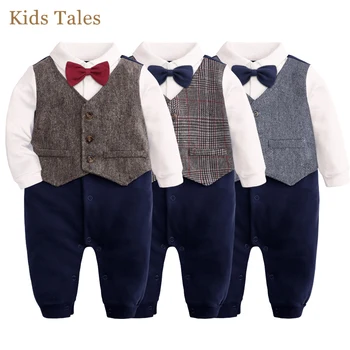 Строгий костюм для новорожденных мальчиков, детский цельный джентльменский комбинезон, смокинг, комбинезон для вечеринки с жилетом-бабочкой 0-24 месяцев