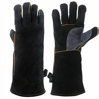 Новые длинные черно-серые перчатки из двухслойной воловьей кожи для сварки/ барбекю / плиты/ дров, страхование труда при высоких температурах, рабочие перчатки 2024